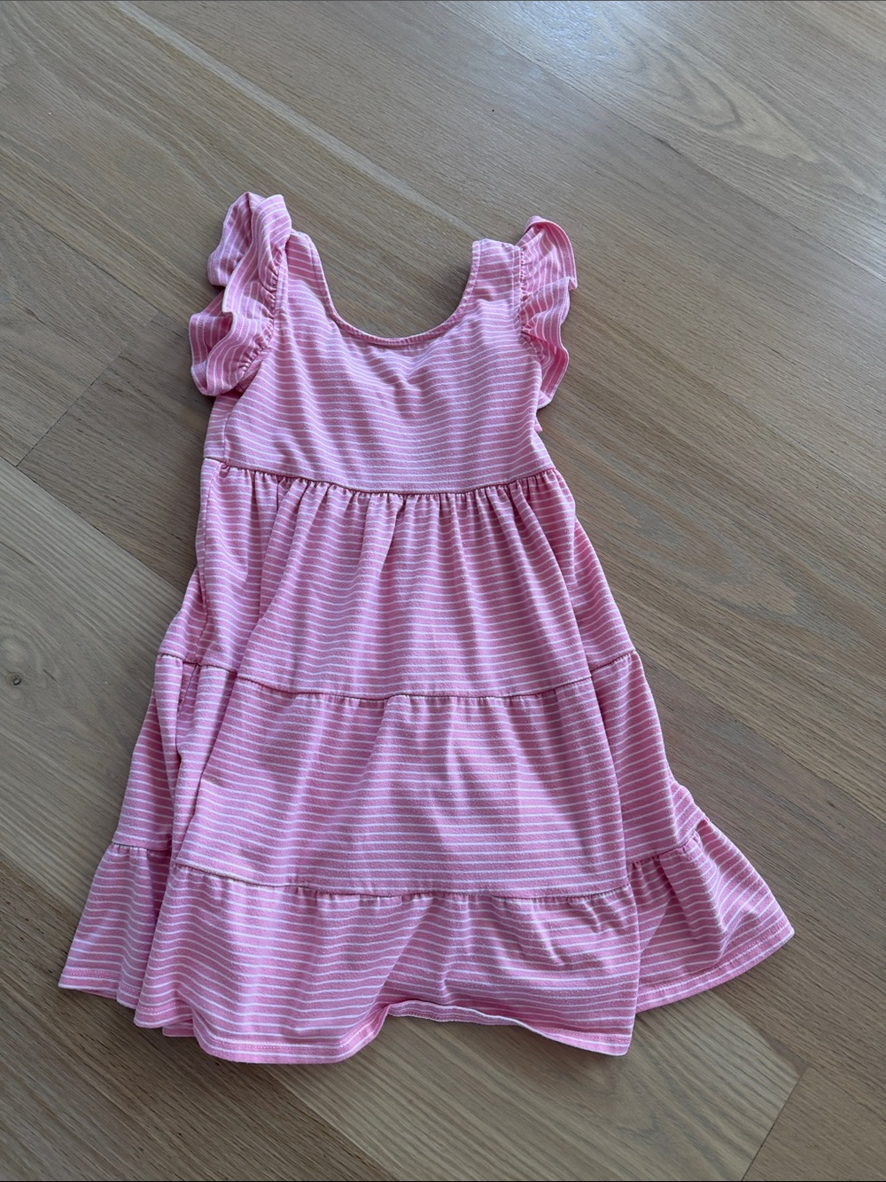Pink Striped Ruffle Sleeve Kids Dress